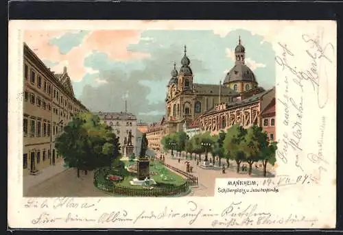 Lithographie Mannheim, Schillerplatz & Jesuitenkirche