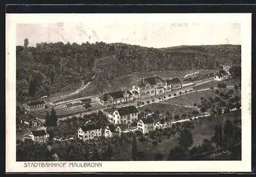 Künstler-AK Maulbronn, Bahnhof mit Dampflok aus der Vogelschau