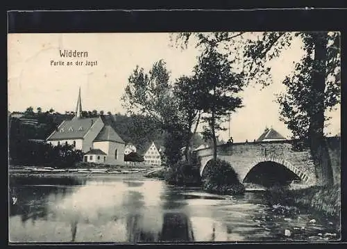 AK Widdern, Partie an der Jagst, mit Kirche und Brücke