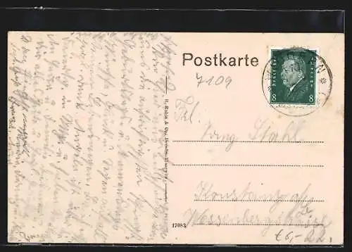 AK Widdern, Partie an der Jagst, mit Kirche und Brücke