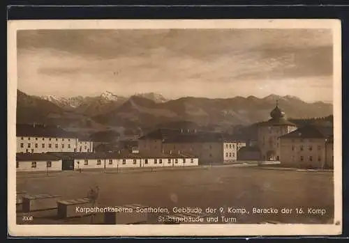 AK Sonthofen, Karpathenkaserne, Gebäude der 9. Komp., Baracke der 16. Komp., Stabsgebäude und Turm
