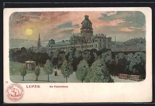 Lithographie Leipzig, Pleissenburg mit Strassenbahn