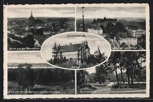 AK Güstrow, Blick auf die Pfarrkirche, Schloss und Rosengarten