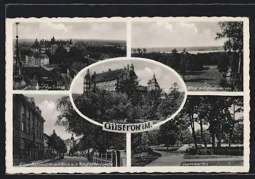 AK Güstrow i. M., Schloss, Rosengarten, Eisenbahnbrücke & Strasse