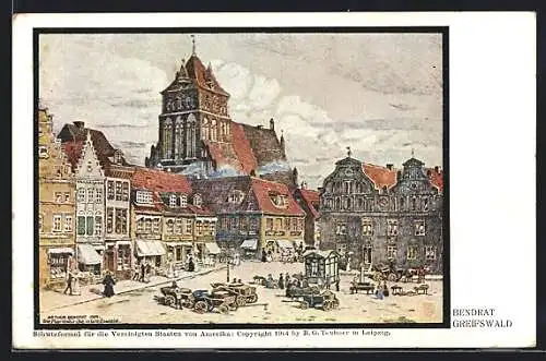 Künstler-AK Greifswald, Marktplatz und Marienkirche, Markttag