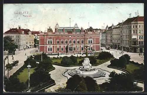 AK Görlitz, Postplatz mit Brunnen und Strassenbahn