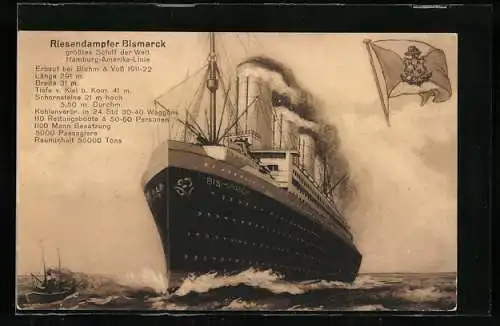 AK Passagierschiff Bismarck, Bug durchpflügt das Meer, Fahne, Hamburg-Amerika Linie