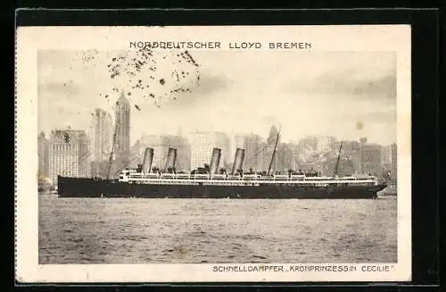 AK New York, Passagierschiff Kronprinzessin Cecilie erreicht den Hafen, Norddeutscher Lloyd