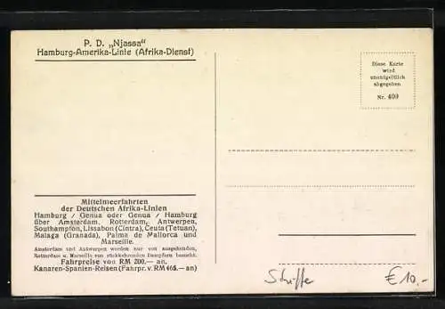AK PD Njassa der Hamburg-Amerika-Linie