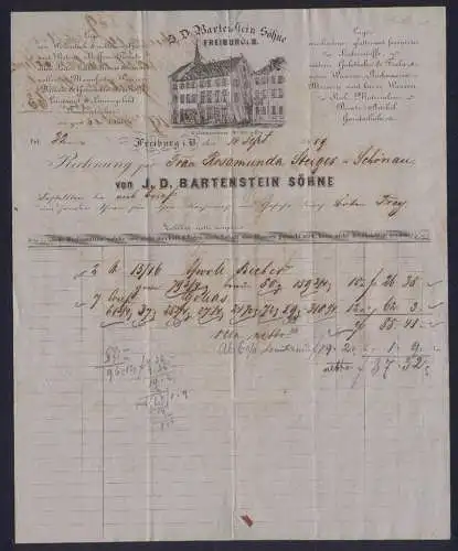 Rechnung Freiburg i. B. 1859, Firma J. D. Bartenstein Söhne, Kaiserstrasse 873 /74, Ansicht der Handlung
