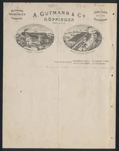 Rechnung Göppingen /Württemberg 1887, A. Gutmann & Co., Textil-Fabrikation, Obere Weberei, das Werk Untere Mühle