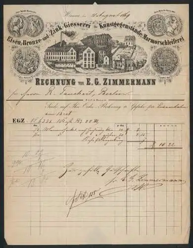 Rechnung Hanau 1869, E. G. Zimmermann, Metallgiesserei, Kunstgegenstände & Marmorschleiferei, Werkansicht und Medaillen