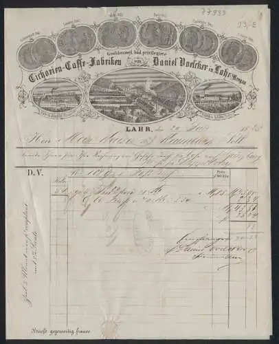 Rechnung Lahr 1875, Daniel Voelcker, Cichorien-Caffe-Fabriken, Werke in Benfeld und Achern, Messe-Medaillen