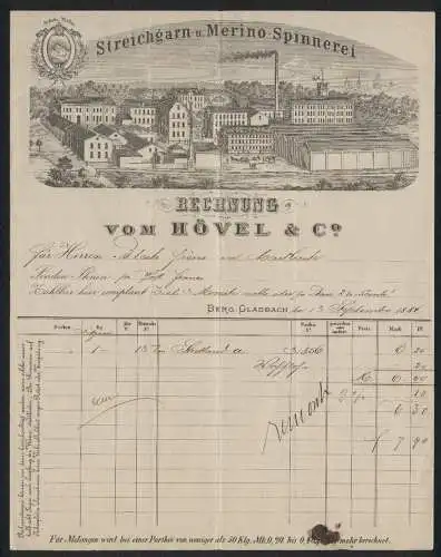 Rechnung Berg. Gladbach 1884, Hövel & Co., Streichgarn- und Merino-Spinnerei, Ansicht der Fabrikanlage, Schutzmarke