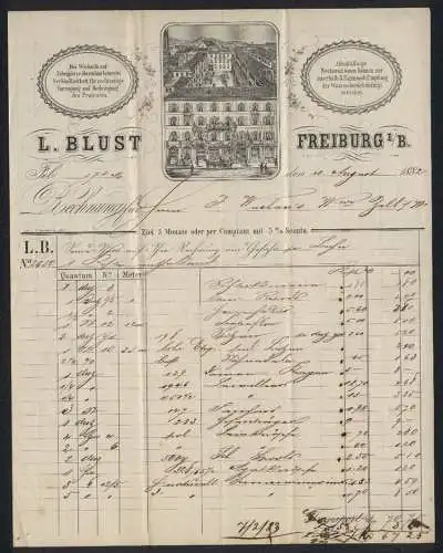 Rechnung Freiburg i. B. 1882, Firma L. Blust, Betriebsansicht mit Innenhof