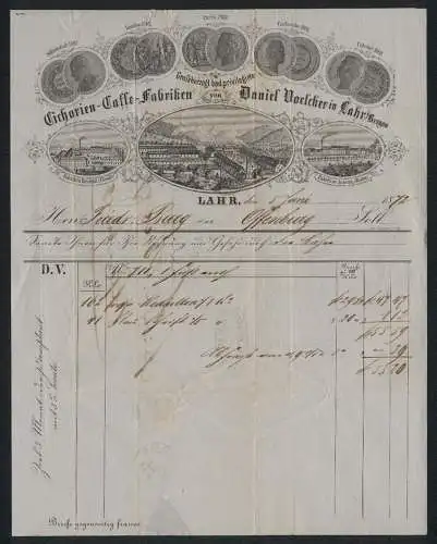 Rechnung Lahr 1872, Daniel Voelcker, Cichorien-Caffe-Fabriken, Werke in Benfeld und Achern, Messe-Medaillen