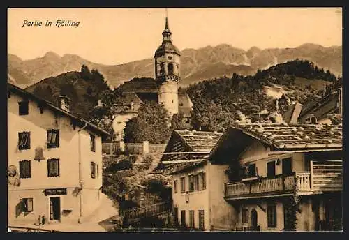 AK Hötting, Ortspartie mit Blick auf die Berge