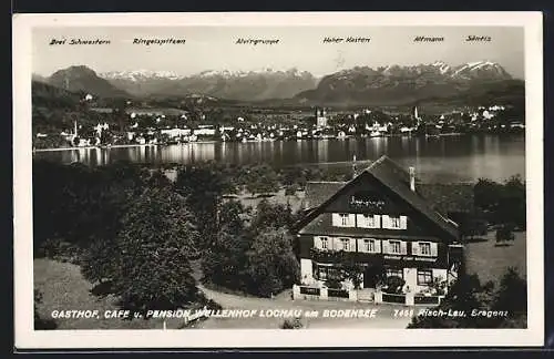 AK Lochau am Bodensee, Gasthof, Café u. Pension Wellenhof mit Blick auf den See