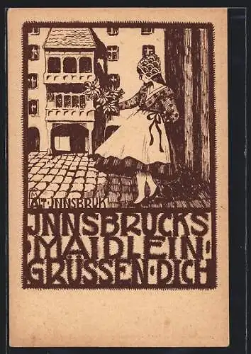 Künstler-AK Innsbruck, Mädchen in Tracht beim Goldenen Dachl