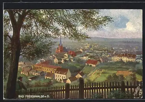AK Bad Freienwalde a. O., Totalansicht mit Kirche und Häuser von Anhöhe aus