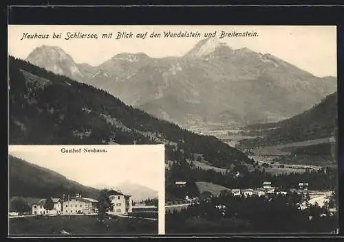 AK Neuhaus / Schliersee, Ortspanorama mit Wendelstein und Breitenstein, Gasthof Neuhaus