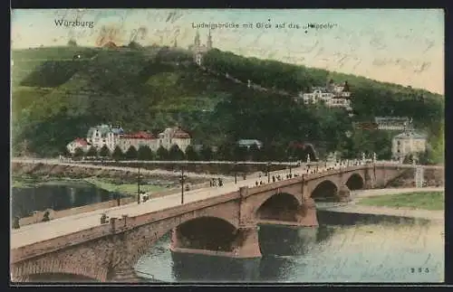 AK Würzburg, Ludwigsbrücke mit Blick auf das Käppele
