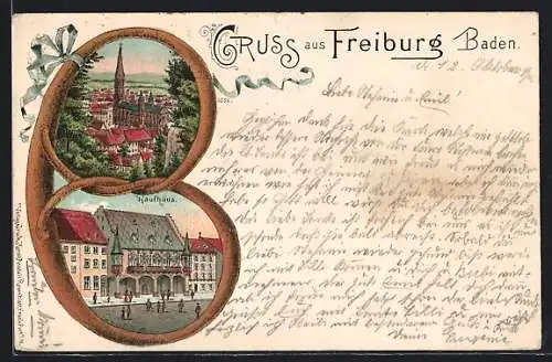 Lithographie Freiburg / Breisgau, Kaufhaus, Ortsansicht mit Kirche