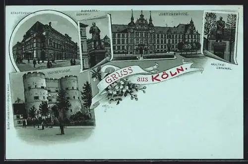 Mondschein-Lithographie Köln, Moltke-Denkmal, Justizgebäude, Stadttheater, Hahnentor