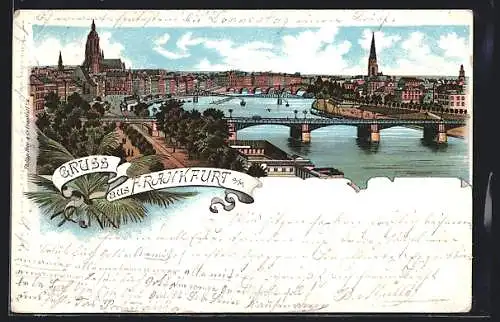 Lithographie Frankfurt, Panorama- Ansicht mit Dom, Untermainbrücke und Strassenpartie