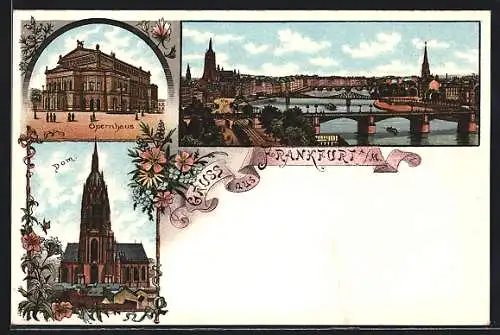 Lithographie Frankfurt a. M., Opernhaus, Dom, Panorama