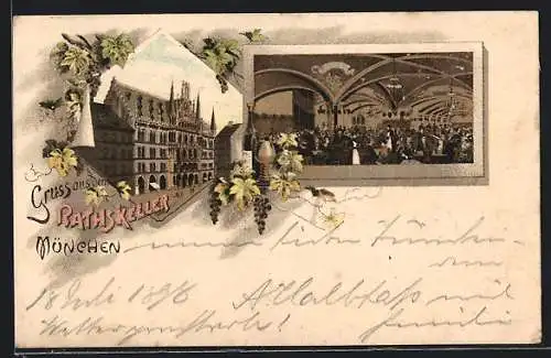 Lithographie München, Gasthaus Rathskeller mit Innenansicht