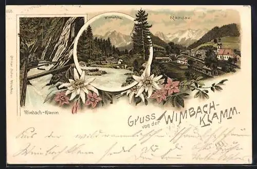 Lithographie Ramsau / Reichenhall, Ortsansicht mit Kirche, Wimbach-Klamm und Wimbachthal