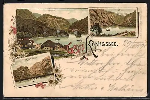 Lithographie Königssee / Berchtesgaden, Häuser am Ufer, Obersee, St. Bartholomae