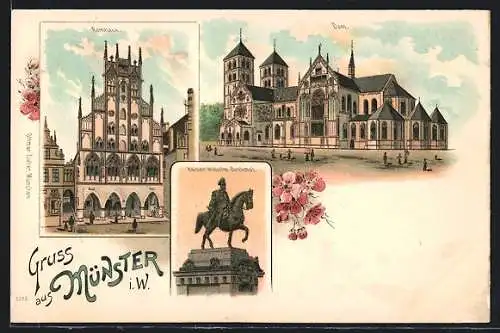 Lithographie Münster / Westfalen, Kaiser Wilhelm Denkmal, Rathaus, Dom