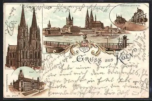 Lithographie Köln, Post, Dom Hohenzollernring, Blick zum Dom