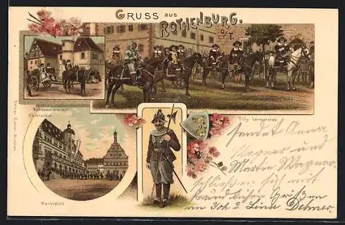 Lithographie Rothenburg / Tauber, Tilly Generalstab, Marktplatz, Kellermeister mit Töchterlein