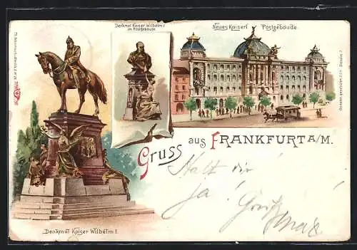 Lithographie Frankfurt, Neues kaiserliches Postgebäude und Denkmal Kaiser Wilhelm I.
