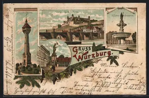 Lithographie Würzburg, Mainbrücke mit Festung, Luitpold- u. Kilians-Brunnen, Frankenwarte