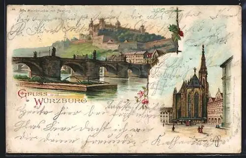 Lithographie Würzburg, an der Mainbrücke unter der Festung, die Marien Kapelle