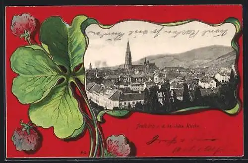 Passepartout-Lithographie Freiburg / Breisgau, Ortsansicht von der St. Johs. Kirche, Kleeblatt mit Blüten
