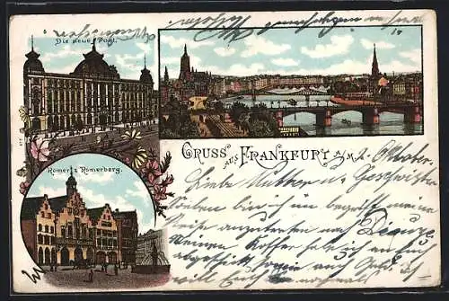 Lithographie Frankfurt, Römer, neue Post und Totalansicht mit Mainbrücken