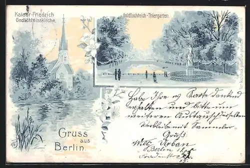 Lithographie Berlin, Kaiser-Friedrich-Gedächtniskirche, Goldfischteich im Tiergarten