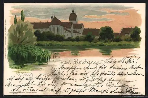 Künstler-AK Reichenau / Bodensee, Teilansicht der Insel mit Wasser