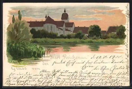 Künstler-AK Reichenau / Bodensee, Teilansicht der Insel mit Wasser