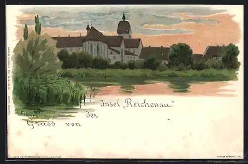 Künstler-AK Reichenau / Bodensee, Teilansicht der Insel mit Wasser