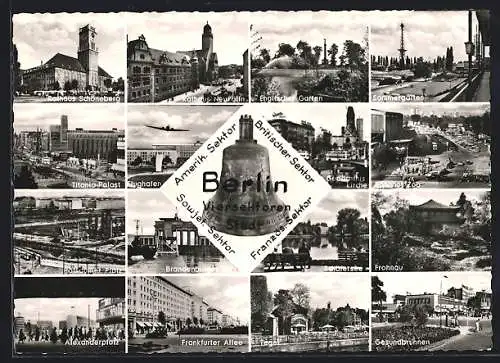 AK Berlin, Viersektorenstadt, Flughafen Tempelhof, Alexanderplatz, Bahnhof Zoo, Gesundbrunnen