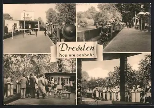 AK Dresden, Bahnhof Frohe Zukunft der Pioniereisenbahn, Mehrfachansicht
