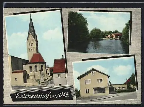 AK Reichertshofen / Oberbayern, Ortspartie mit Geschäft, Kirche, Teichpartie