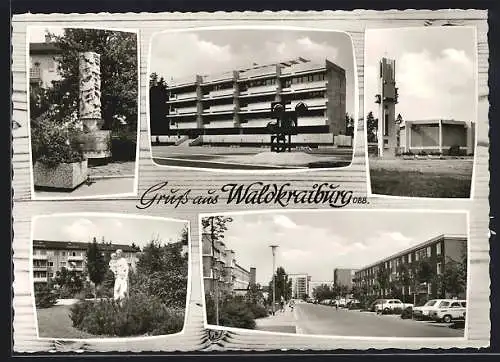 AK Waldkraiburg /Obb., Kirche, Strassenpartie, Brunnen, Standbild
