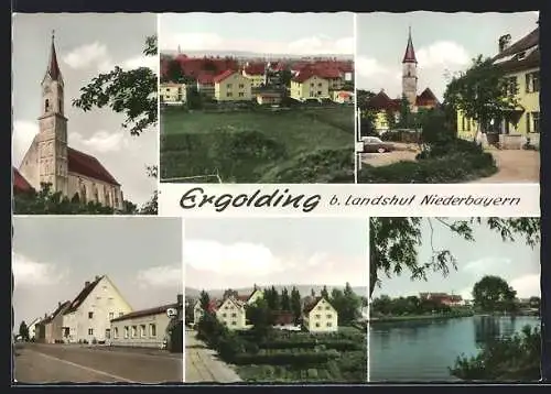 AK Ergolding b. Landshut, Kirche, Strassenpartie, Teilansicht vom Ort
